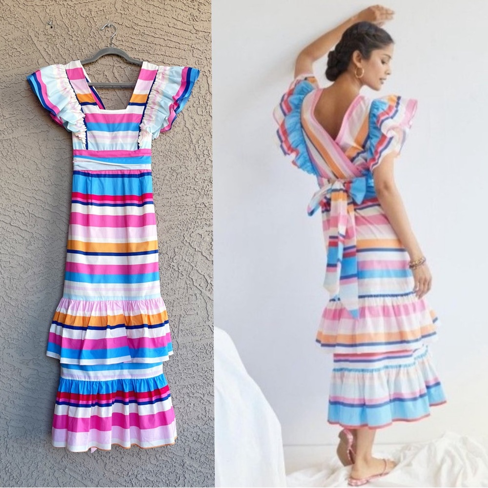 ANTHROPOLOGIE NWT PLENTY by TRACY REESE Rainbow Stripe Flutter Sleeve Maxi Dress - Picture 10 of 11